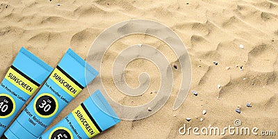 Sunscreen, sun protection lotion on sandy beach background, copy space. 3d illustration Cartoon Illustration