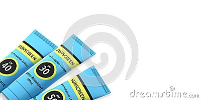 Sunscreen, sun protection lotion on white background, copy space. 3d illustration Cartoon Illustration