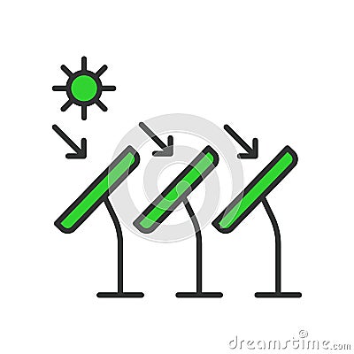 Sun to solar panel icon in line design green. Sun, solar, panel, energy, photovoltaic, electricity, renewable, sunlight Vector Illustration