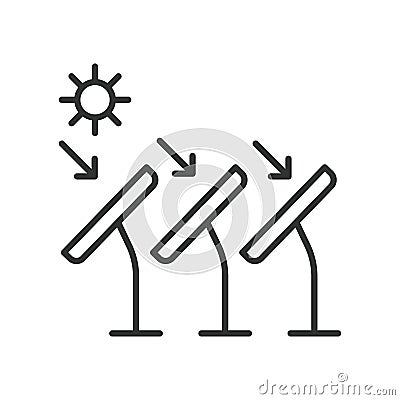Sun to solar panel icon in line design . Sun, solar, panel, energy, photovoltaic, electricity, renewable, sunlight Vector Illustration