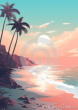 Sun vacation sea sunset travel summer nature beach tropical landscape Cartoon Illustration