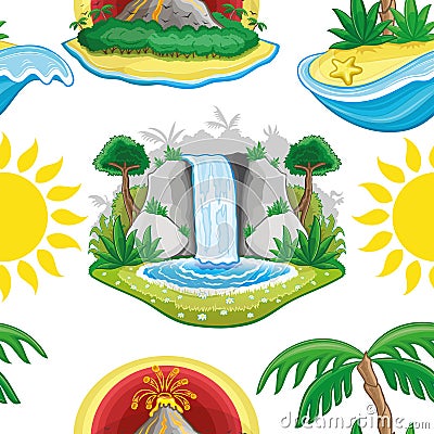 Sun, volcano, waterfall and tropical island Vector Illustration