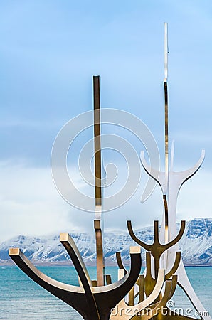 The Sun Voyager Solfar, an ode to the Sun, metallic sculpture by Jon Gunnar Arnason 1999 on the water seafront in Reykjavik, Editorial Stock Photo