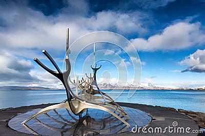 The Sun Voyager Solfar sculpture by Jon Gunnar Arnason on the Editorial Stock Photo