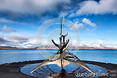 The Sun Voyager Solfar sculpture by Jon Gunnar Arnason on the Editorial Stock Photo