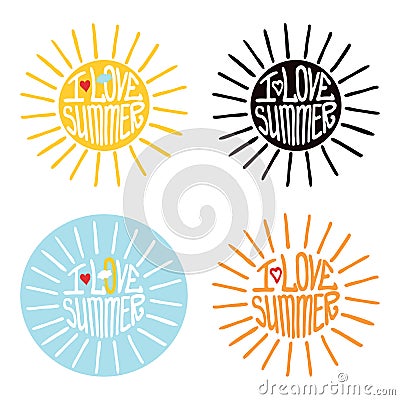 Sun from words I love summer.Typography Design Vector Illustration