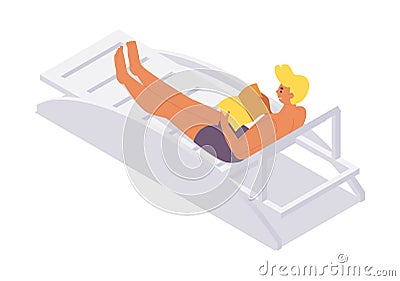 Sunbathing man in swimming trunks on a sunbed, reading a book near the pool, sea or on the roof of the house. Isometric scene with Stock Photo