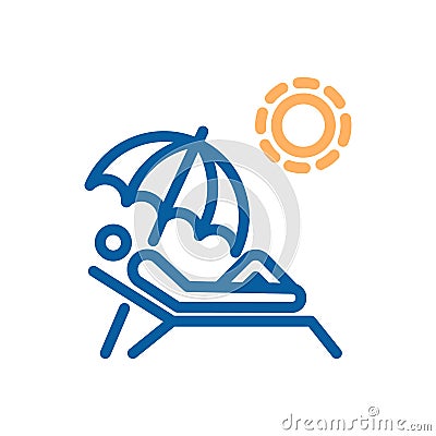 Sunbathing thin line icon. Person laying on beach chair under an umbrella getting tanned with the sun Vector Illustration