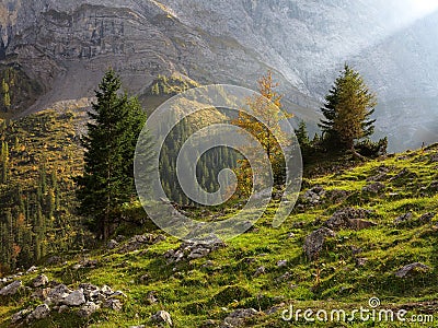 Sunbeam in harsh mountain valley by fall colors Stock Photo