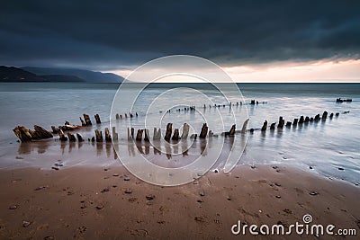 The Sunbeam ship wreck on the Rossbeigh beach at sunset, Ireland Stock Photo
