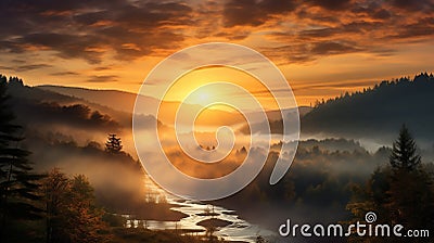 Sunbeam Sunrise Mist in a Golden Awakening Stock Photo