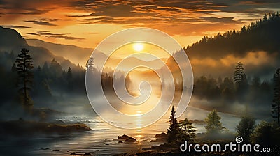 Sunbeam Sunrise Mist in a Golden Awakening Stock Photo