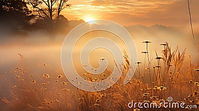 Sunbeam Sunrise Mist in a Golden Awakening Stock Photo