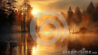Sunbeam Sunrise Mist in a Golden Awakening Stock Photo