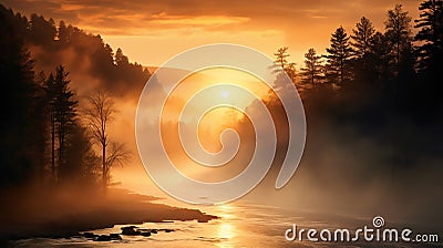 Sunbeam Sunrise Mist in a Golden Awakening Stock Photo