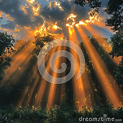 Sunbeams breaking through dark clouds after a storm Stock Photo