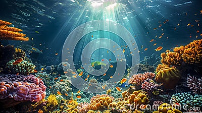 Sunbeams Illuminate Colorful Fish And Coral Underwater Stock Photo