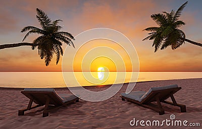 Sunbeds on sandy seashore under scenic sundown sky Stock Photo