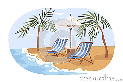 Sunbeds and umbrella at sand beach. Summer tropical premium resort with private chaise-longues at seacoast. Empty Vector Illustration