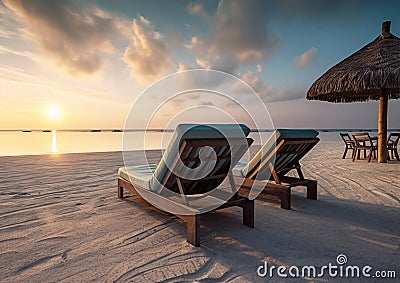 Sunbeds with umbrella to watch sunset on tropical luxury resort.Macro.AI Generative Stock Photo