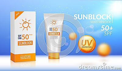 Sunblock ad template. Sun protection cosmetic. Moisturizer cream vector design background Vector Illustration