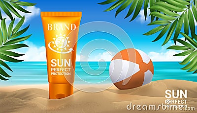 Sunblock ads template sun protection sunscreen and sunbath cosmetic products design face and body lotion with on palm Vector Illustration