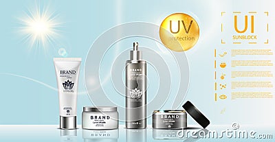 Sunblock ads template, sun protection, sunscreen and sunbath cosmetic products design face and body lotion Stock Photo