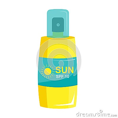 Sunblock in a bottle of spray.Cosmetics for sunbathing. Protection from sunlight. Sun tan and tanning. Vector Illustration