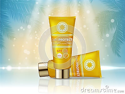 Sunblock cosmetic products ad. Vector 3d illustration. Sunblock cream bottle template, sun protection cosmetic products Vector Illustration