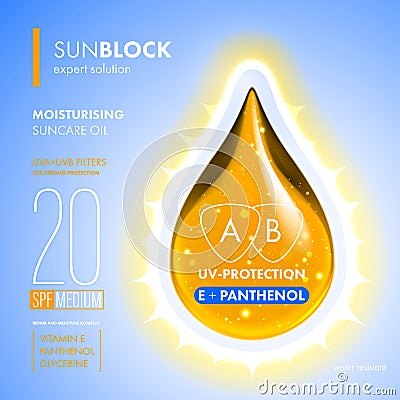 Sunblock suncare oil drop. SPF solution design Stock Photo