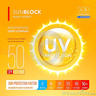 Sunblock suncare strong protection. SPF solution design Vector Illustration