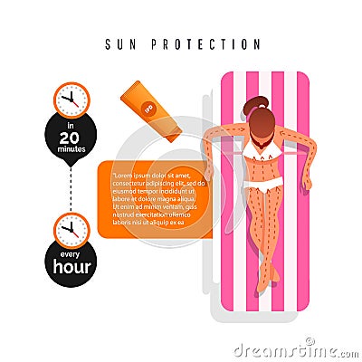 Sunburn treatment infographic. Girl with sunburn skin. Vector infographic elements. Vector Illustration