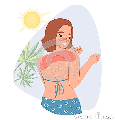 Sunburn vector young woman caring redness shoulder Cartoon Illustration