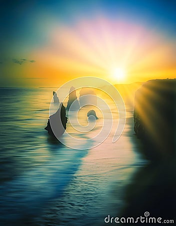 Sunburst behind the 12 Apostles, Great Ocean Road, Victoria, Australia Stock Photo