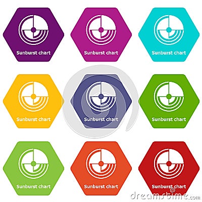 Sunburst chart icons set 9 vector Vector Illustration