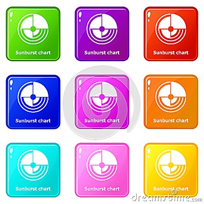 Sunburst chart icons set 9 color collection Vector Illustration