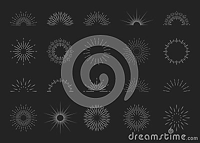 Sunburst logos. Starburst icons. Sun burst with shine in line style. Explosion with rays. Retro emblem for abstract decoration. Vector Illustration