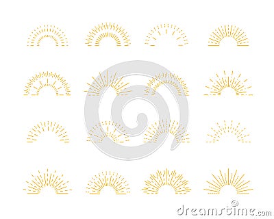 Sunburst rays. Isolated sun burst, retro lines sunshine embleme. Hipster sunrise, round summer sun sign. Vintage radial Vector Illustration