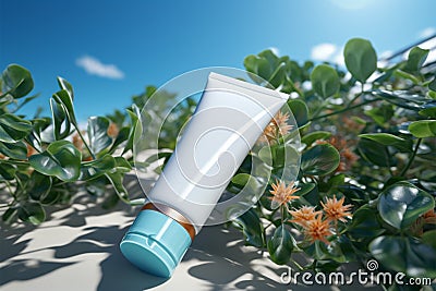 Suncare tube placed beside thriving plant, eco friendly sunblock solution Stock Photo