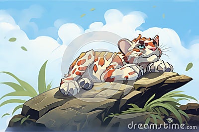 a sunda clouded leopard laying on a rock, sunbathing Stock Photo