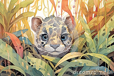 sunda clouded leopard peeking from behind the bushes Stock Photo