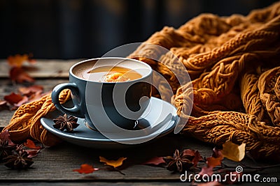 Sunday serenity Hot coffee cozy scarf Stock Photo