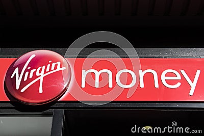 Exterior shot of Virgin Money Bank Branch Building showing company name and logo Editorial Stock Photo