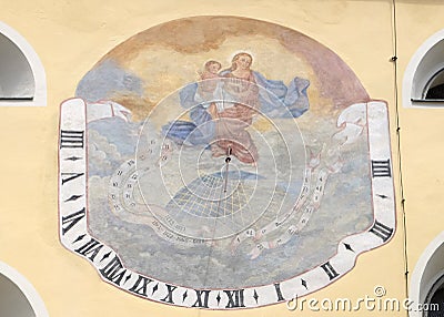 Sundial on the facade of Saint John the Baptist church in Varazdin, Croatia Stock Photo