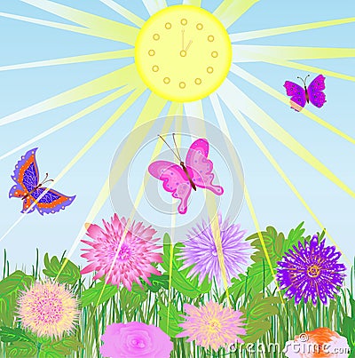 Sundial, flowers and butterflies Vector Illustration