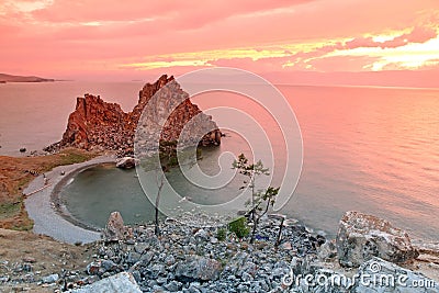 Sundown at Shaman Rock, Lake Baikal, Russia Stock Photo