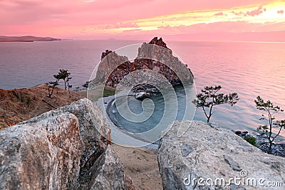 Sundown at Shaman Rock, Lake Baikal, Russia Stock Photo