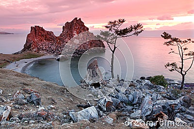 Sundown at Shaman Rock, Lake Baikal, Russia Stock Photo