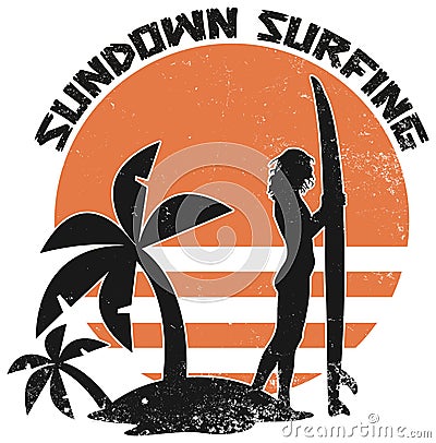 Sundown Surfing - Surfer Girl - Sunset Surf Distressed Beach Illustration Stock Photo