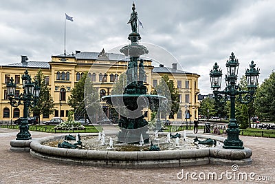 Sundsvall, Vastnorrland County - Esplanade and city fountain in old town Editorial Stock Photo
